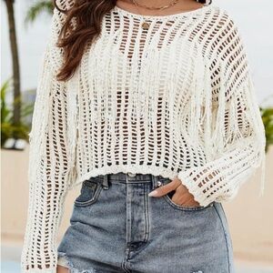 White Fringe Crochet Sweater off the shoulder